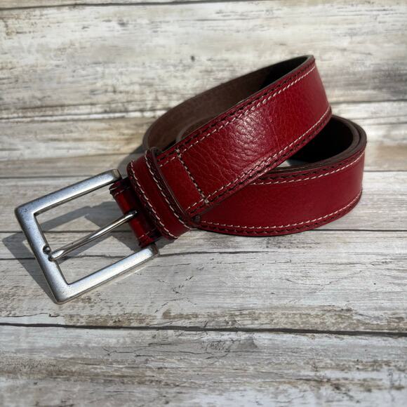 Fossil Leather Belt Sz Med Red 31” Metal Buckle Western Boho Earthy Classic - Picture 1 of 12